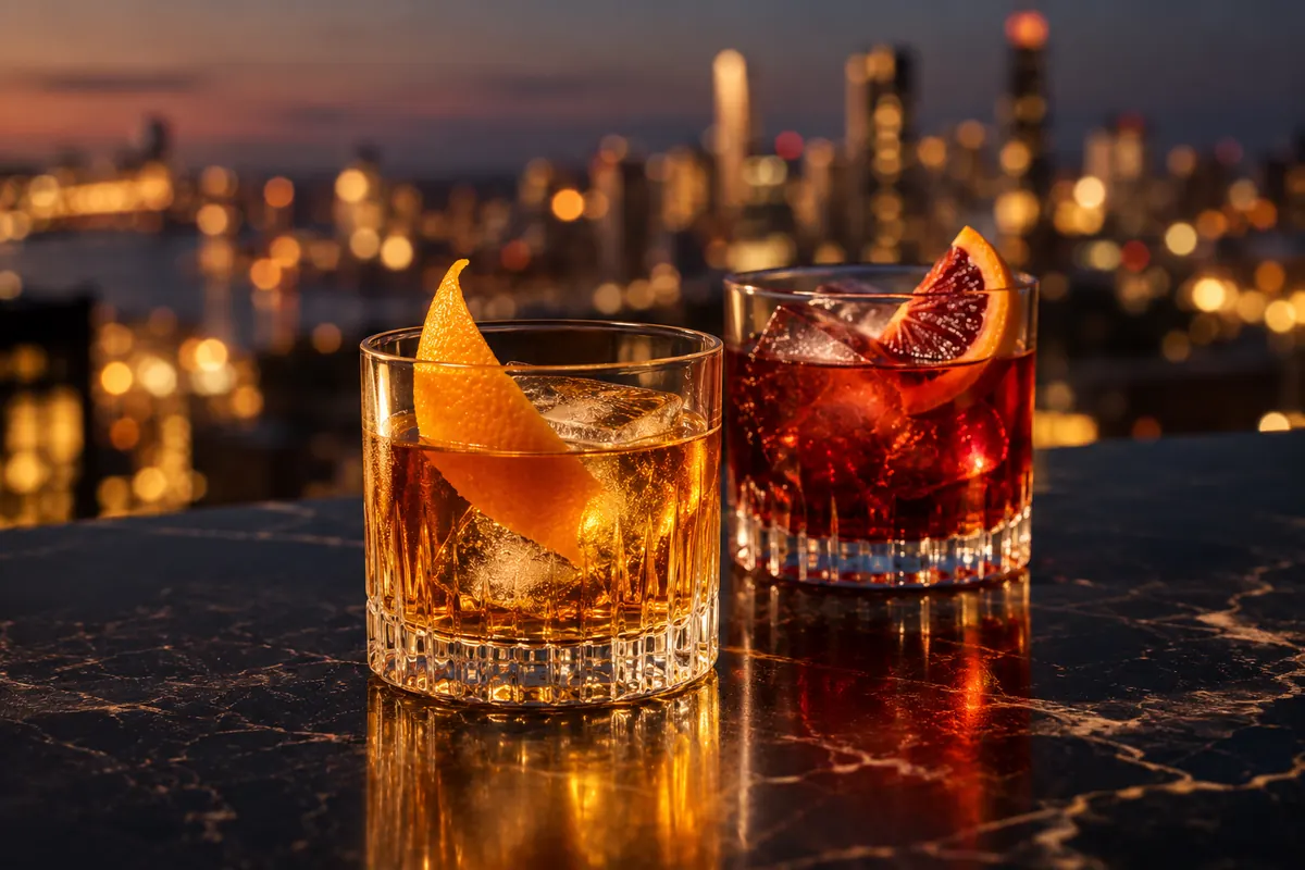 Two colorful cocktails with citrus garnishes against soft city lights