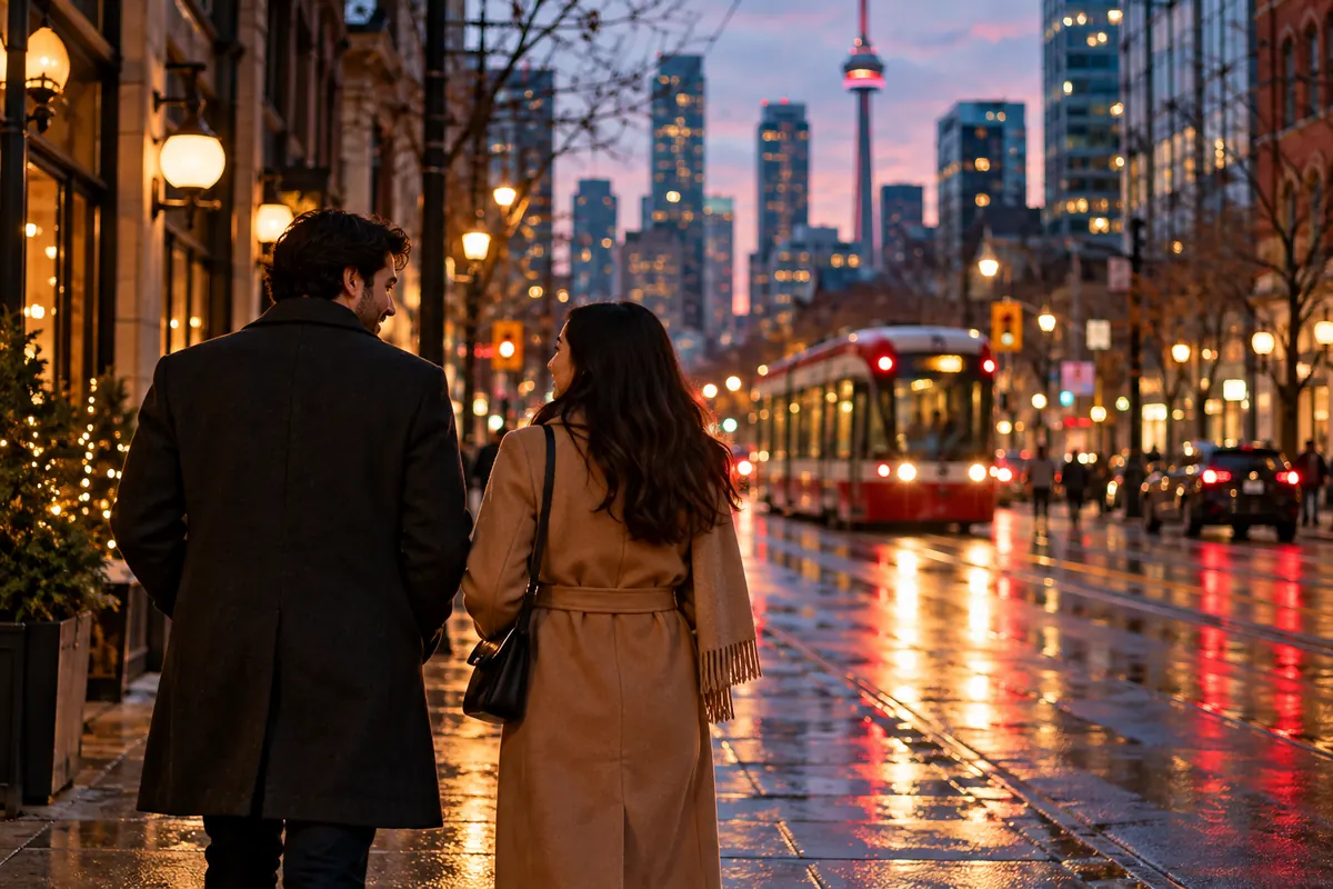 Couple walking through Toronto at twilight with a red streetcar in the distance