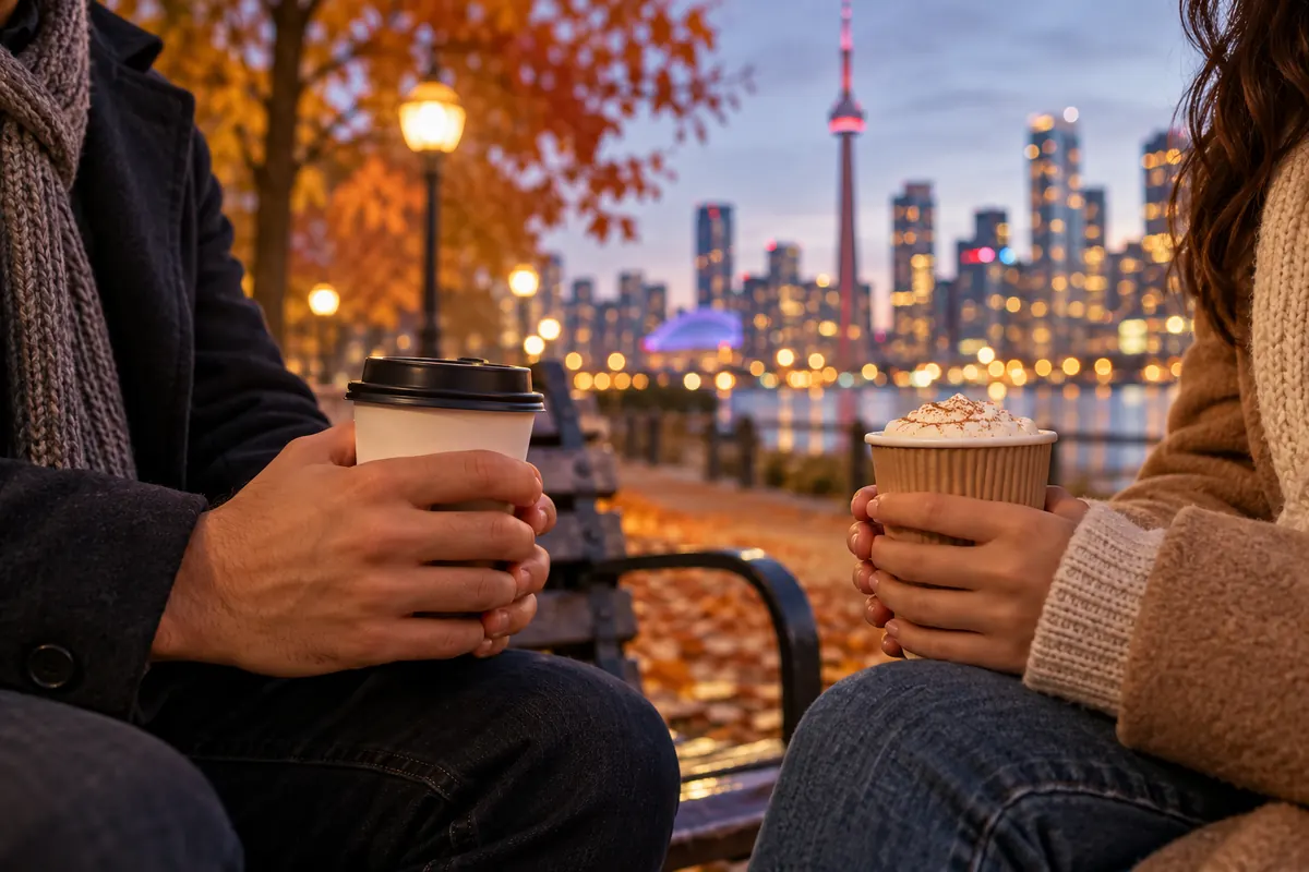 Two people holding warm takeaway drinks on a Toronto park bench at dusk