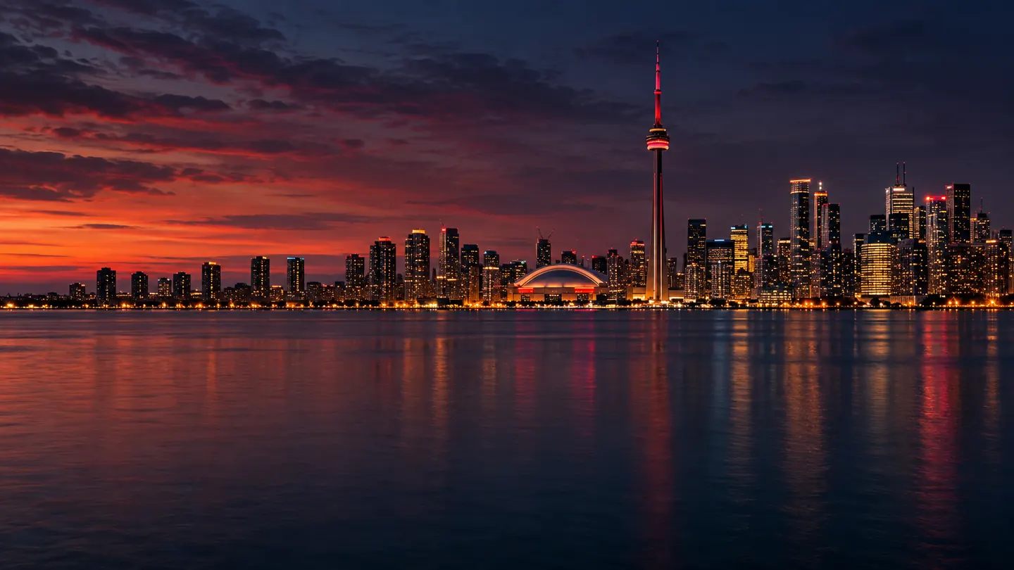 Illustrated Toronto skyline glowing over Lake Ontario at dusk