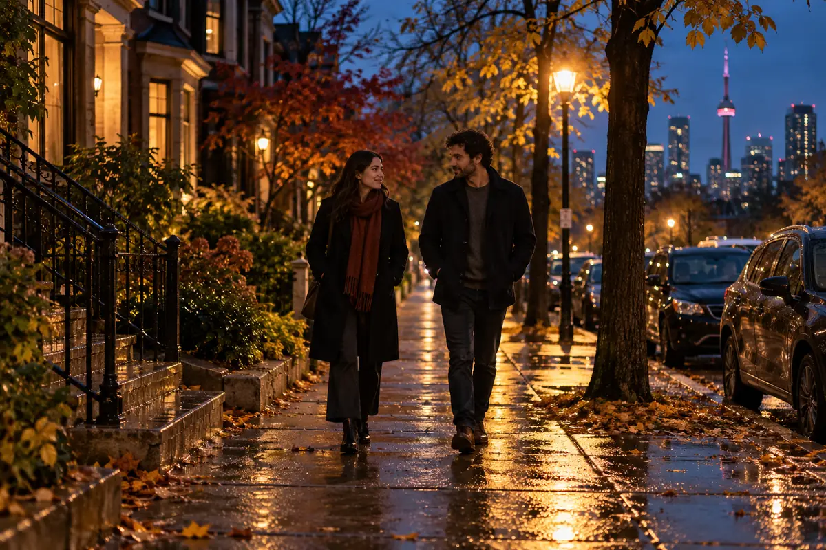 Two people walking together under warm Toronto streetlights after rain